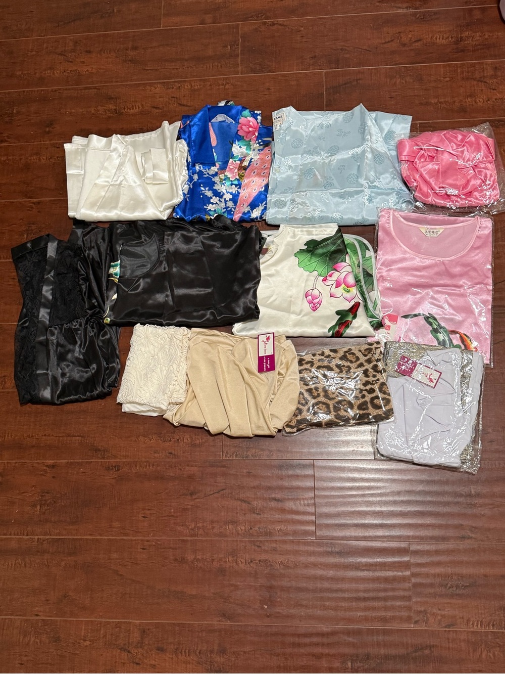 Bundle of satin oriental, bridal, classic robes, dresses, intimates